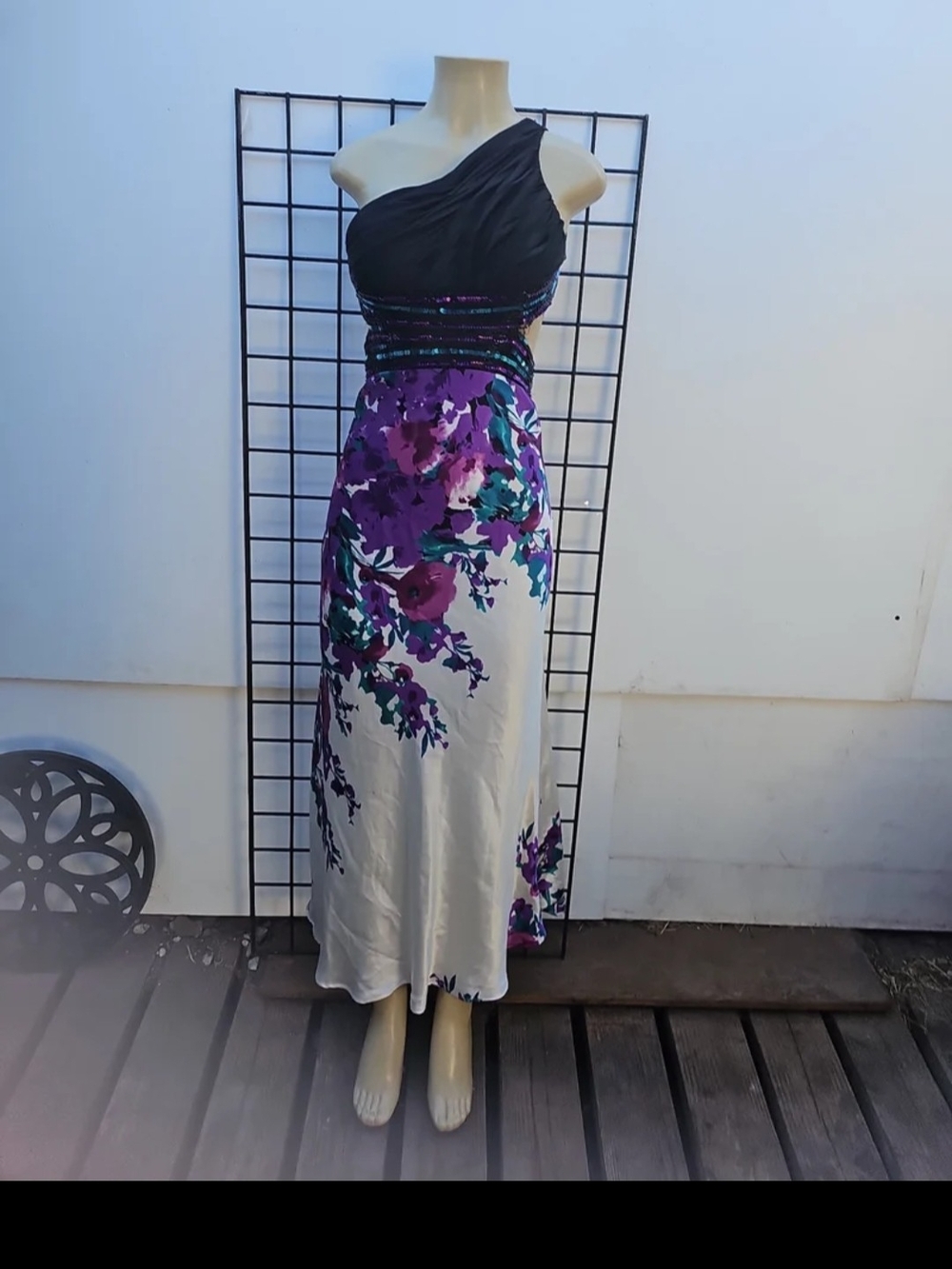 Asymmetric One-Shoulder Floral Maxi Dress in Black, Purple and Cream